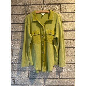 Womens Green Button-Up Waffle Shirt Jacket By Tribal Jeans Long Sleeves Collared